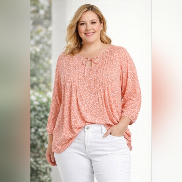 NWT Croft & Barrow Coral Floral Blouse 0X Plus Size Boho Tunic Top Pintuck Sprin - Picture 2 of 7
